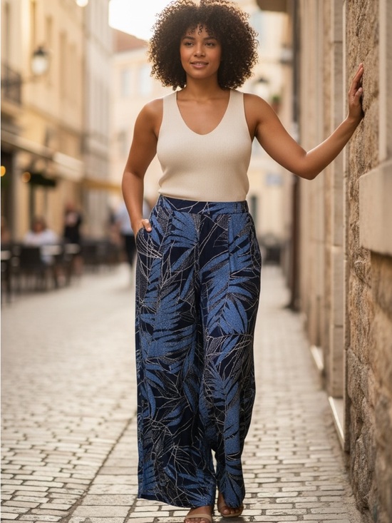 Susan Graver Pants - Susan Graver Navy and Blue Wide-Leg Palm Print Palazzo Pants Liquid Knit 1558